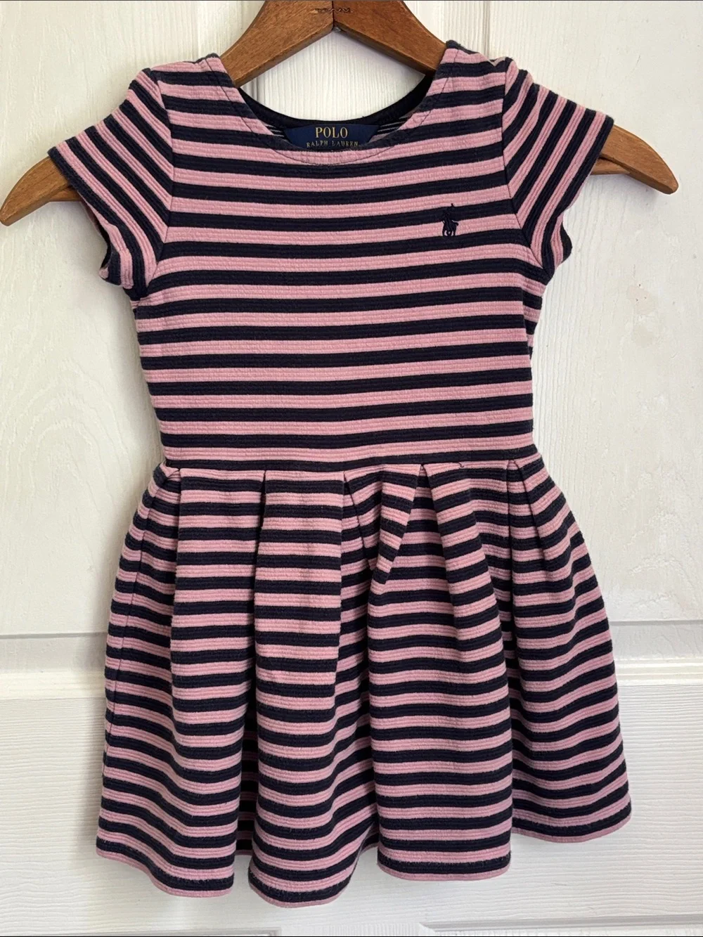 Polo by Ralph Lauren Pink & Navy Striped Girls Dress Size 5 Cotton blend preppy